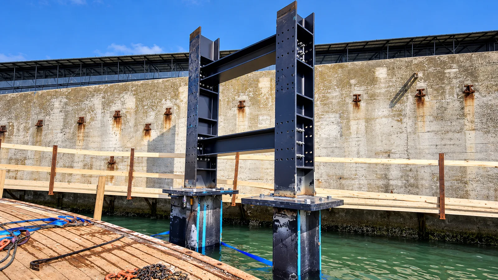 Steel columns on piles at the quay in Rødby Havn